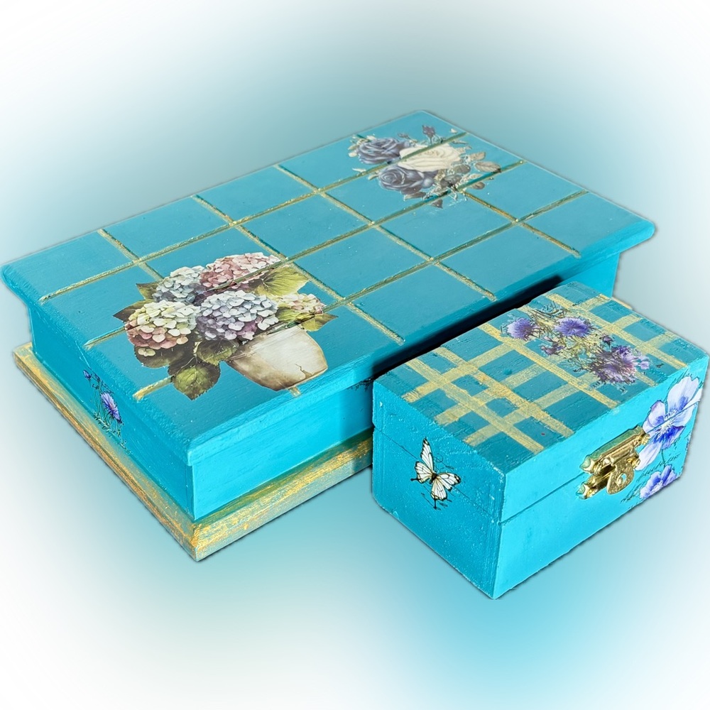 Blue Painted Vintage Jewelry Box with Bonus Trinket Box